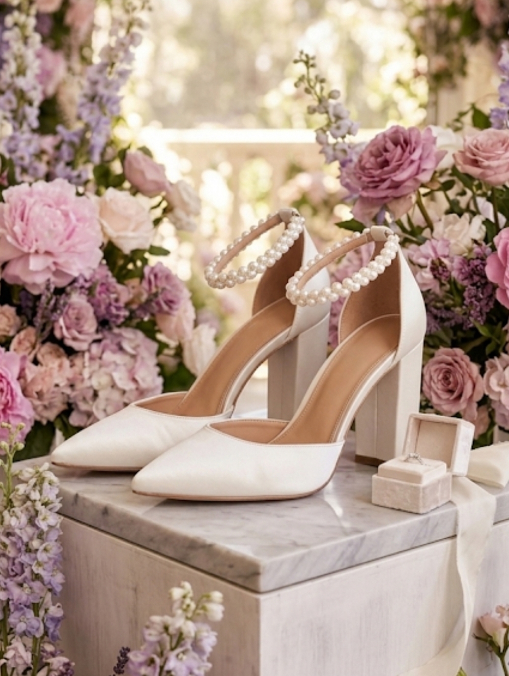 Badgley Mischka White Satin Pearl-Ankle Block Heel Pumps -8.5